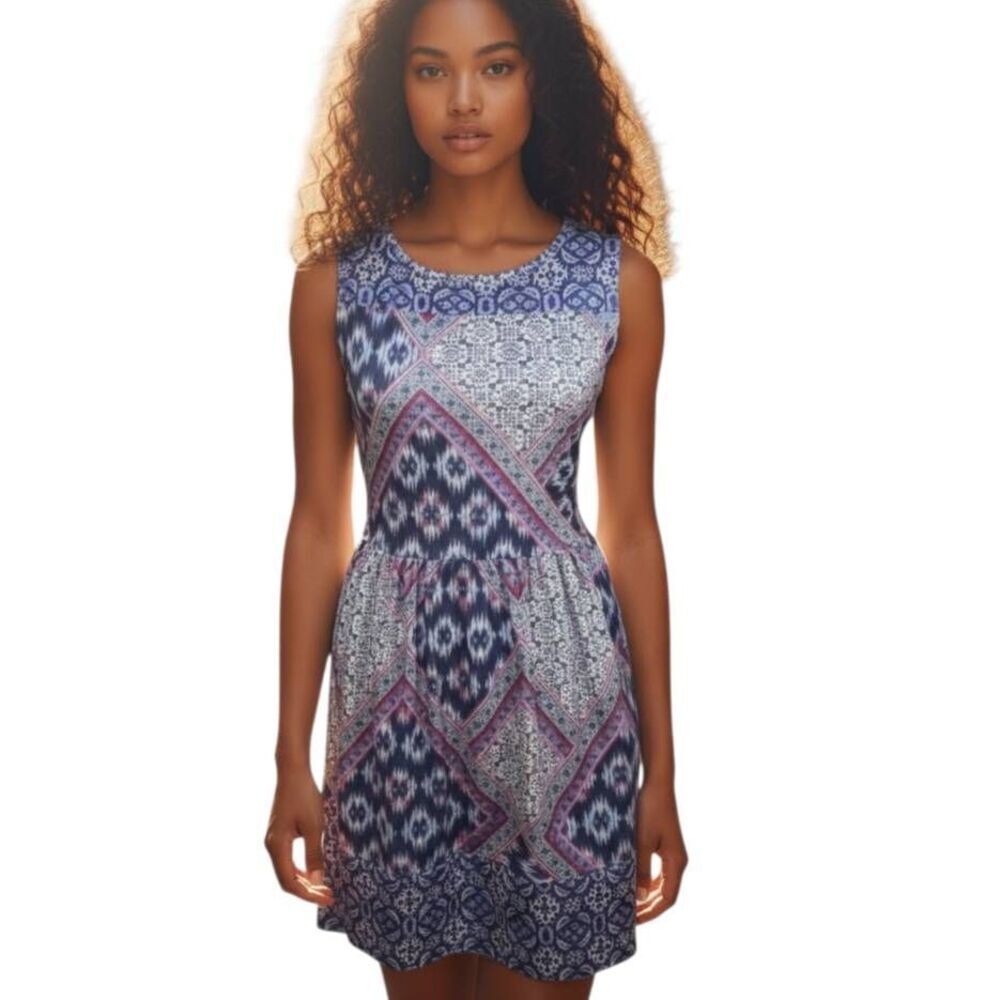 XHILARATION BLUE, PINK, & CREAM FLORAL DESIGN DRESS SZ.M EUC.